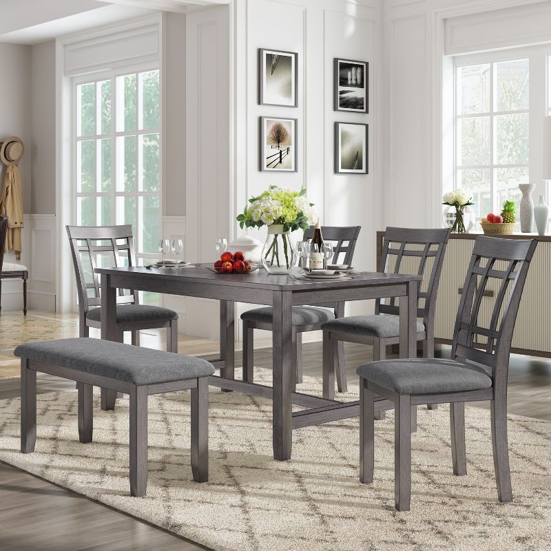 6-Piece Farmhouse Rustic Wooden Dining Table Set with 4 Chairs and Bench, Antique Gray - ModernLuxe, 1 of 12