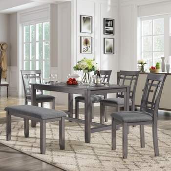 6-Piece Farmhouse Rustic Wooden Dining Table Set with 4 Chairs and Bench, Antique Gray - ModernLuxe