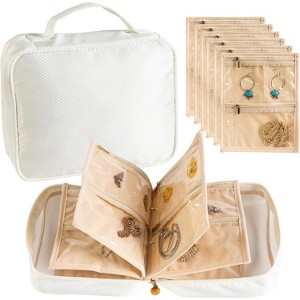 Ring Binder Style Travel Jewelry Case with Clear Zipper Pockets, Portable Organizer Bag for Necklaces, Earrings, Rings & Bracelets, Beige - 1 of 4