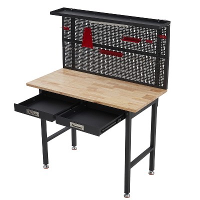 Garage Workbench with Pegboard, Heavy Duty Work Table with Drawers & Hanging Kits, Metal Tool Work Bench for Garage Warehouse Workshop