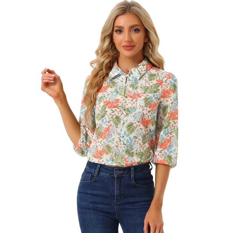 Allegra K Women's Point Collared 3/4 Sleeves Sheer Lightweight Leaves Floral Print Shirt, 1 of 6