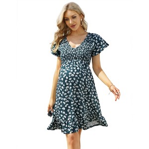 Women's Maternity Short Sleeve Summer Smocked Dress V Neck Boho Ruffle Casual Swing Midi Dress Baby Shower Photoshoot - 1 of 4
