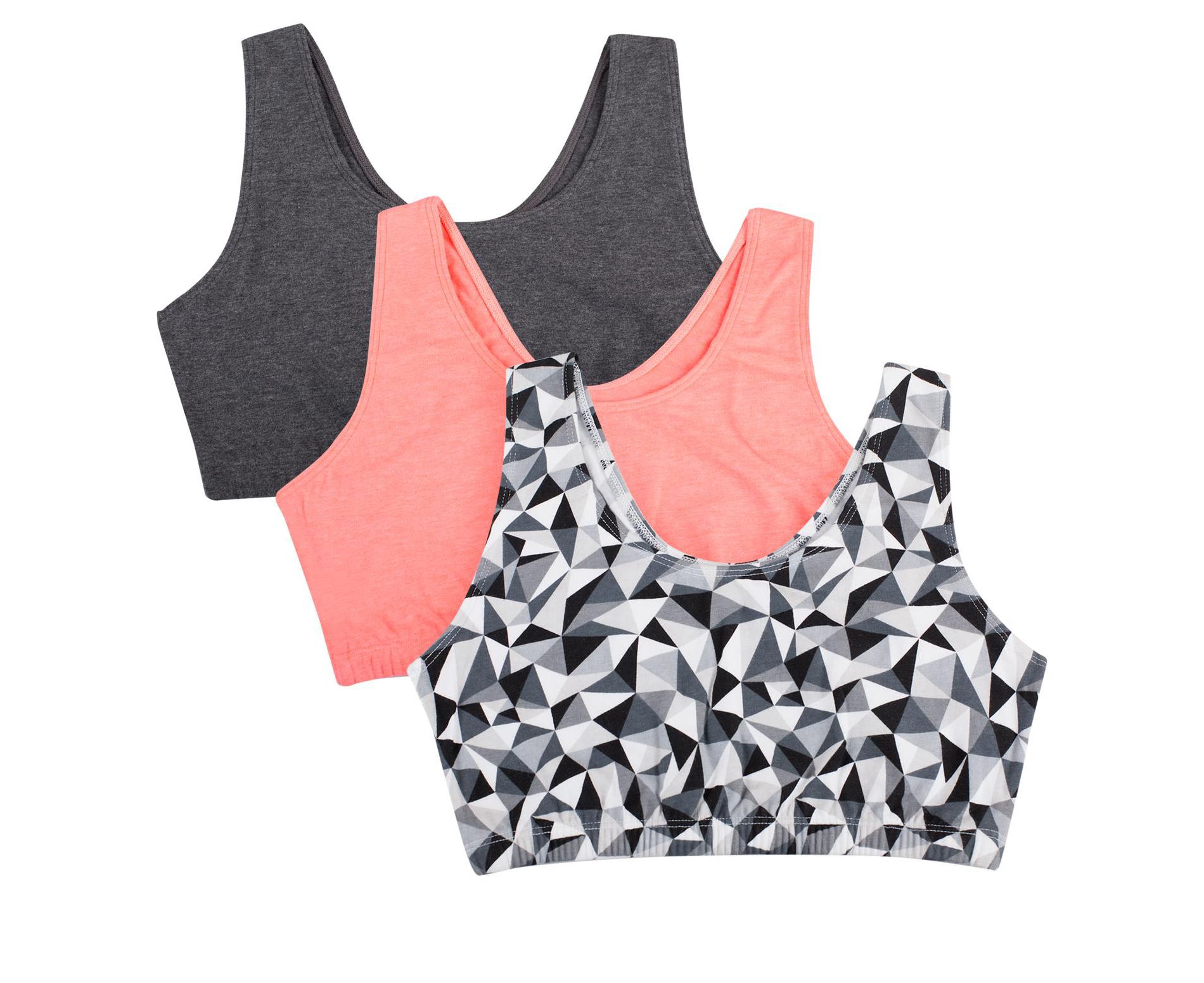 Fruit of the Loom Women's Tank Style Cotton Sports Bra 3-Pack Kaleidescope/Charcoal/Punchy Peach 50
