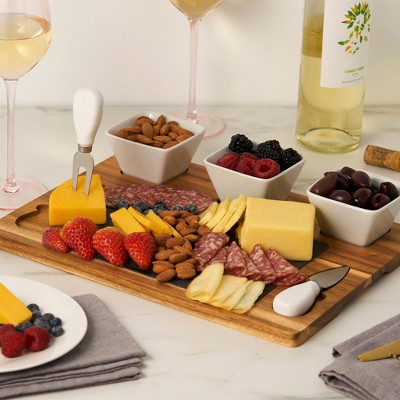 Acacia Wood and Slate Cheese Board Set with Ceramic Bowls