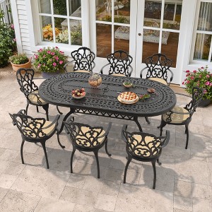 (9-PC)Premium Black Cast Aluminum Patio Set - Weather-Resistant Outdoor Table & Chairs with Beige Cushions, Umbrella Hole Included - 1 of 4