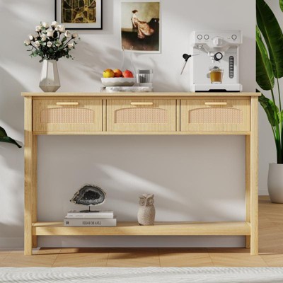 FONTOI Rattan Console Table, Entryway Table with 3 Smooth Gliding Drawers, Wood Sofa Table for Living Room, Wood, 46.1*11.8*32.1
