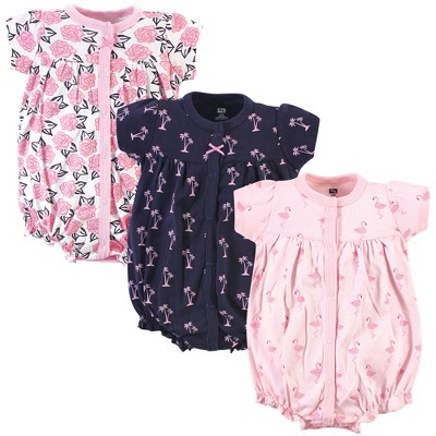 Hudson Baby Infant Girl Cotton Rompers 3pk, Pink Flamingo, 12-18 Months