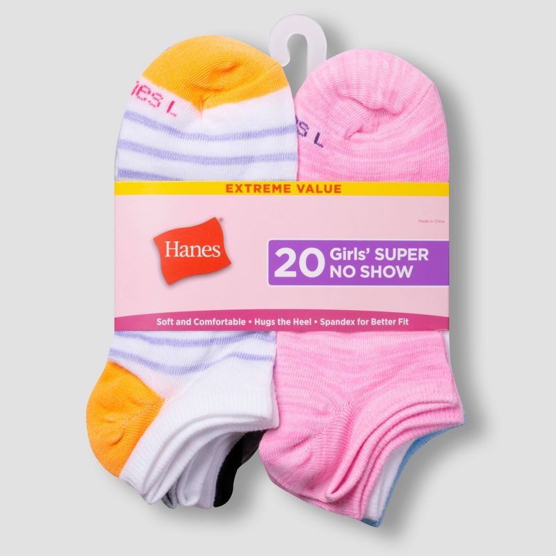 Hanes Girls' 20pk Super No Show Socks - Colors May Vary, 3 of 8
