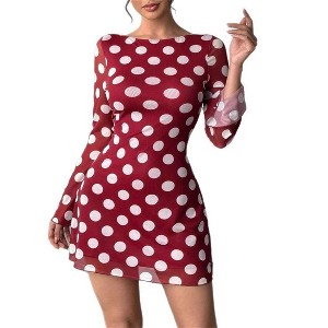 Women's Polka Dot Backless Mesh Long Sleeve Mini Dress, Sheer Party Dress for Night Out & Special Occasions - 1 of 4