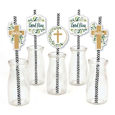 Big Dot of Happiness Elegant Cross - Paper Straw Decor - Religious Party Striped Decorative Straws - Set of 24