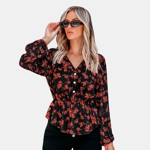 Women s Elegant Floral Peplum Blouse Cupshe m black Target