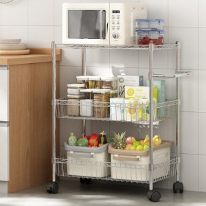 3 Tier Adjustable Heavy Duty Utility Cart On Wheel, Steel Kitchen Rolling Carts with Handle Bar - 1 of 4