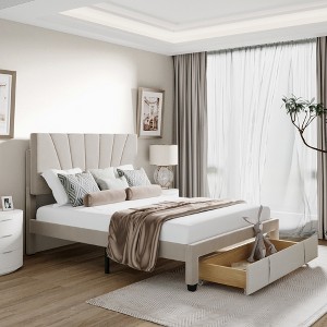 Queen Size Velvet Upholstered Platform Bed with a Big Drawer - ModernLuxe - 1 of 4