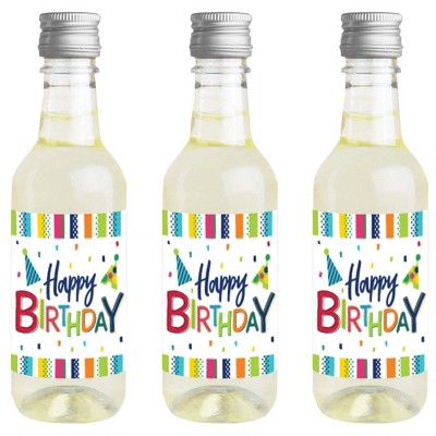 Big Dot of Happiness Cheerful Happy Birthday - Mini Wine Bottle Label Stickers - Colorful Birthday Party Favor Gift for Women and Men - Set of 16