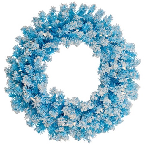 Northlight Pre-Lit Flocked Pine Artificial  Christmas Wreath - 24" - Sky Blue - Clear Lights - image 1 of 4