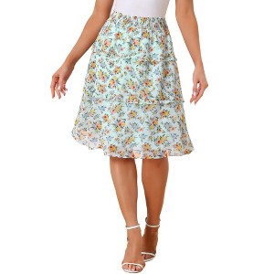 Allegra K Women's Floral Print Smocked Elastic Waist Midi Flowy Tiered Ruffle Skirt - 1 of 4
