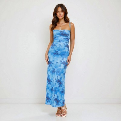 Knit & Lounge Women’s Watercolor Floral Print Maxi Dress Fitted Ruched Bodice Spaghetti Straps Sleek Silhouette