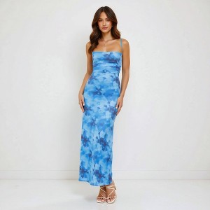 Knit & Lounge Women’s Watercolor Floral Print Maxi Dress Fitted Ruched Bodice Spaghetti Straps Sleek Silhouette - 1 of 4