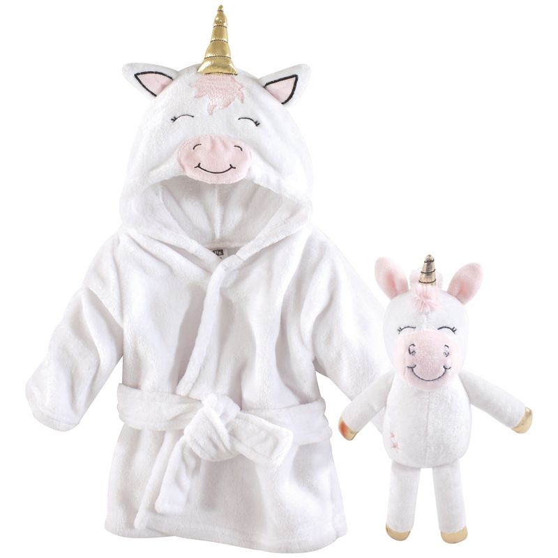 Hudson Baby Infant Girl Plush Bathrobe and Toy Set, Modern Unicorn, One Size, 1 of 4