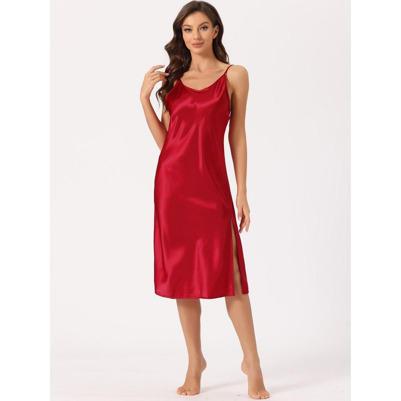cheibear Women's Satin Sleeveless Split Hem Pajama Dress Lounge Camisole Silky Nightgowns, 2 of 6