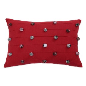 12"x20" Oversize Pom Pom Christmas Indoor Lumbar Throw Pillow Red - Pillow Perfect: Festive Plaid, Zippered - 1 of 3