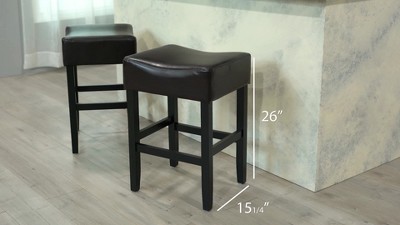 Brown Leather and Wood Backless Saddle Counter Stools, Set of 2