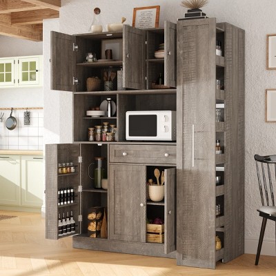 Farmhouse Buffet with Hutch and Pull-Out Cabinet,MDF Kitchen Pantry Cabinet with Adjustable Shelves,Large Freestanding Pantry Cabinet-Coolbibila