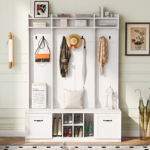 FURNIinspire Hall Trees Entryway Bench With Coat Rack, 7 Sturdy Hooks, 2 Drawers, Adjustable Shelves, Modern Clothes Rack, White, 17.7"*58.8"*76.7" - 1 of 4