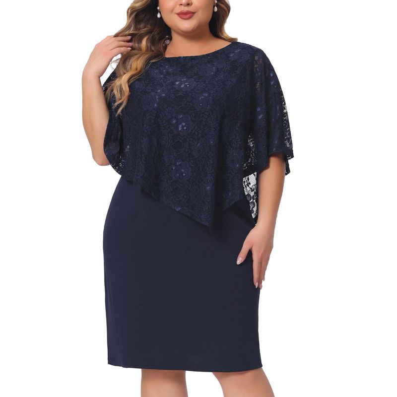 Agnes Orinda Women's Plus Size Lace Overlay Cape with Sleeveless Party Pencil Bodycon Dress, 2 of 6