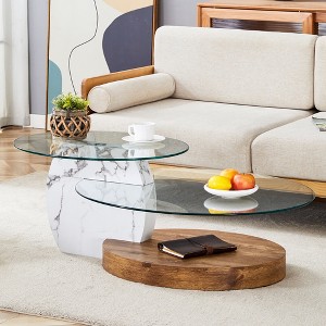 Modern Double-Layer Coffee Table with Tempered Glass Top and Marble-Wood Texture MDF Base, Stylish and Artistic for Living Room - 1 of 4