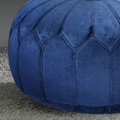 Blue Floral Oversized Round Pouf Ottoman with White Stitching