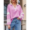 Imily Bela Womens Color Block  Oversized Polo Shirt V Neck Long Sleeve Casual Pullover Top - 4 of 4