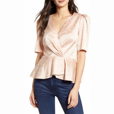 Women's Polka Dots Surplice V-Neck Short Puff Sleeve Satin Top - Chelsea28