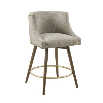 Grey Multi Tweed Swivel Counter Stool with Walnut Wood Legs