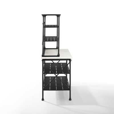 Elegant Madeleine Matte Black Kitchen Island with Faux Marble Top and Hutch
