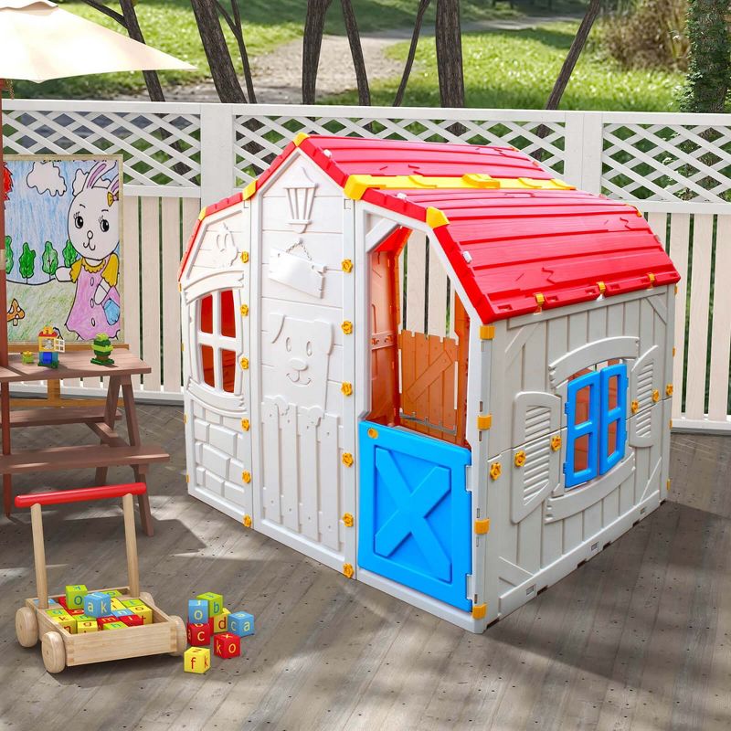 Costway Kids Playhouse Realistic Cottage Playhouse with Openable Windows & Working Door, 2 of 11