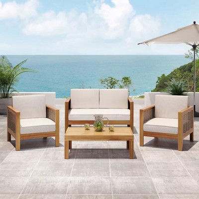 Sapphtopaz Patio Furniture Set Wood Loveseat Conversation Sofa Set with Cushions and Coffee Table Outdoor Chairs for Garden, Terrace