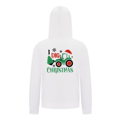 Everyday Kids Christmas Collection I Dig Christmas Zip Up Hoodies – Holiday Tractor Sweatshirt - White