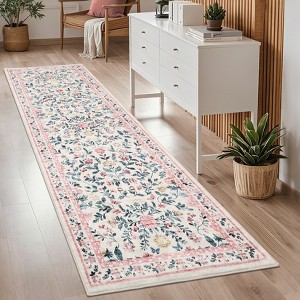 Living Room Rug Machine Washable Area Rug Non Slip Farmhouse Floral Rug Low Pile Soft Foldable Rugs - 1 of 4
