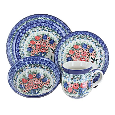 Blue Rose Polish Pottery Blush Bouquet 16 Piece Dinner Set : Target