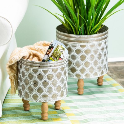 Evergreen Embossed Metal Planter with Wood Legs, Set of 2