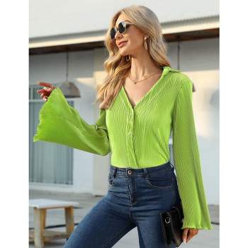 Women Deep V Neck Blouse Long Flared Sleeve Tops Button Front Dressy Casual Shirts Top