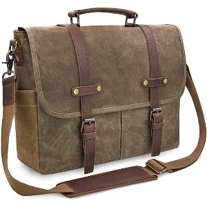 15.6 Inch Mens Messenger Bag Waterproof Vintage Genuine Leather Waxed Canvas Briefcase Large Leather Computer - 1 of 4