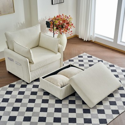 TIRAMISUBEST 55" Comfy Sofa Couch Modern Upholstered Lounge Chair with Ottoman and Storage and Cup Holder for Living Room Apartment, Beige