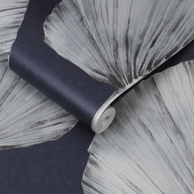 Navy and Silver Palm Leaf Wallpaper Roll