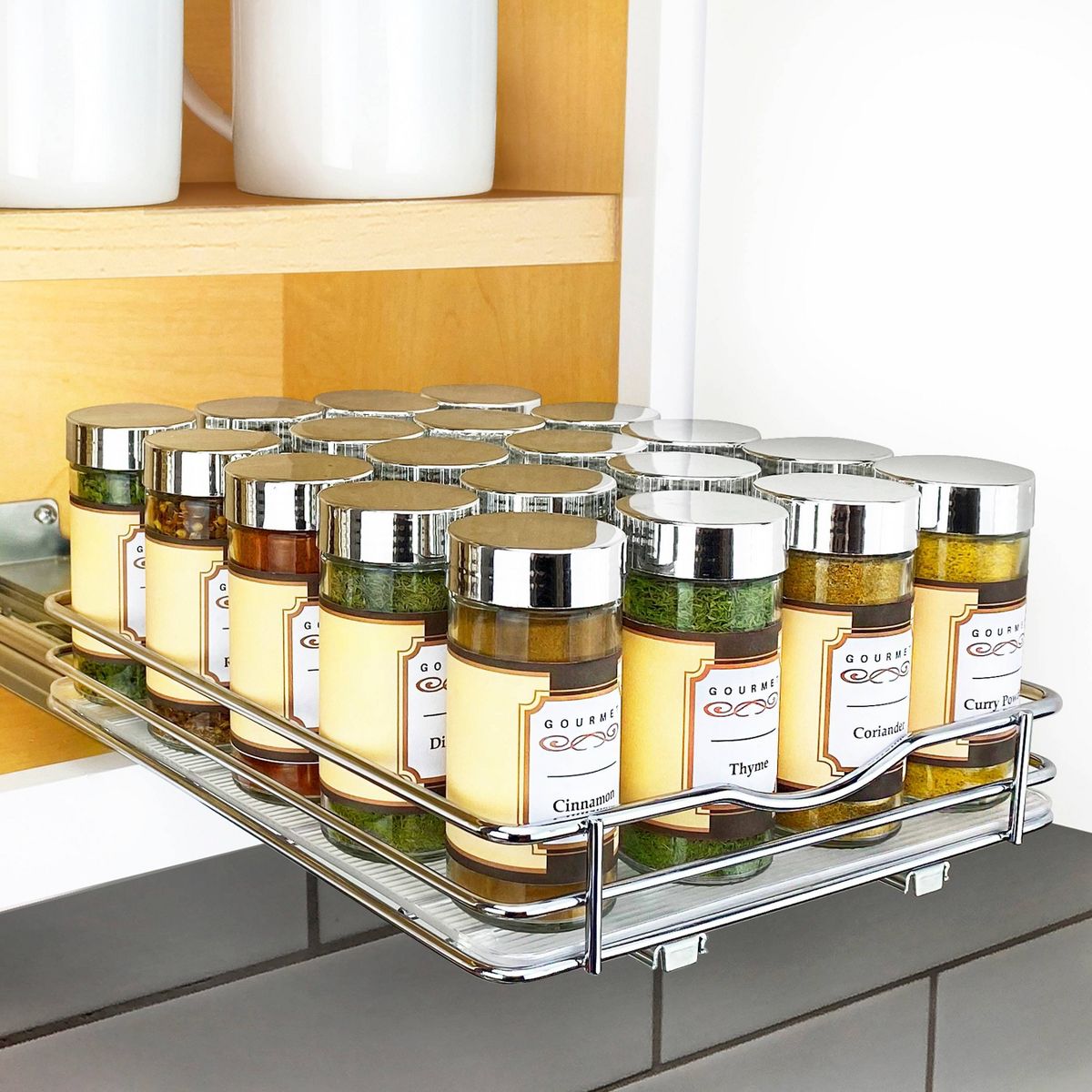 Lynk Professional 8" Wide Slide Out Spice Rack Upper Cabinet Organizer: Chrome-Plated Kitchen Storage with Ball Bearing Glides