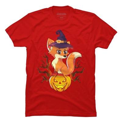 Men's Design By Humans Cute Witch Fox With Jack O Lantern Halloween Shirt By thebeardstudio T-Shirt