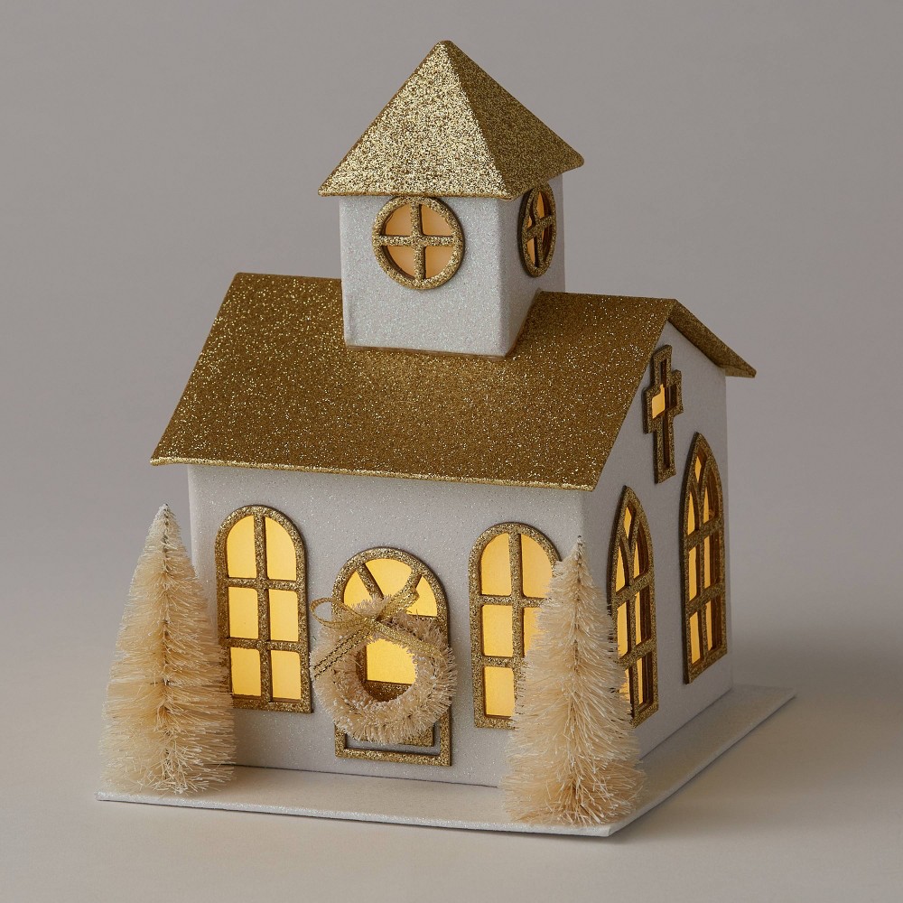 8" Battery Operated Decorative Paper House White/Gold - Wondershop