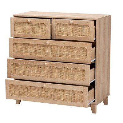 Elsbeth Oak Brown Wood and Natural Rattan 5-Drawer Storage Cabinet