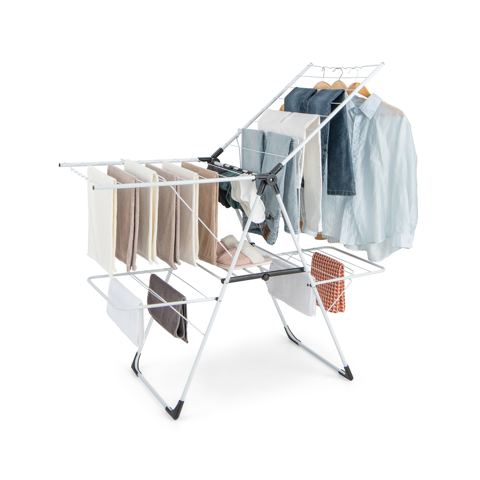 Costway Foldable Clothes Drying Rack 2-level Laundry Drying Rack w/ Adjustable Wings & Useful Clips Stable A-shaped Stainless Steel Frame